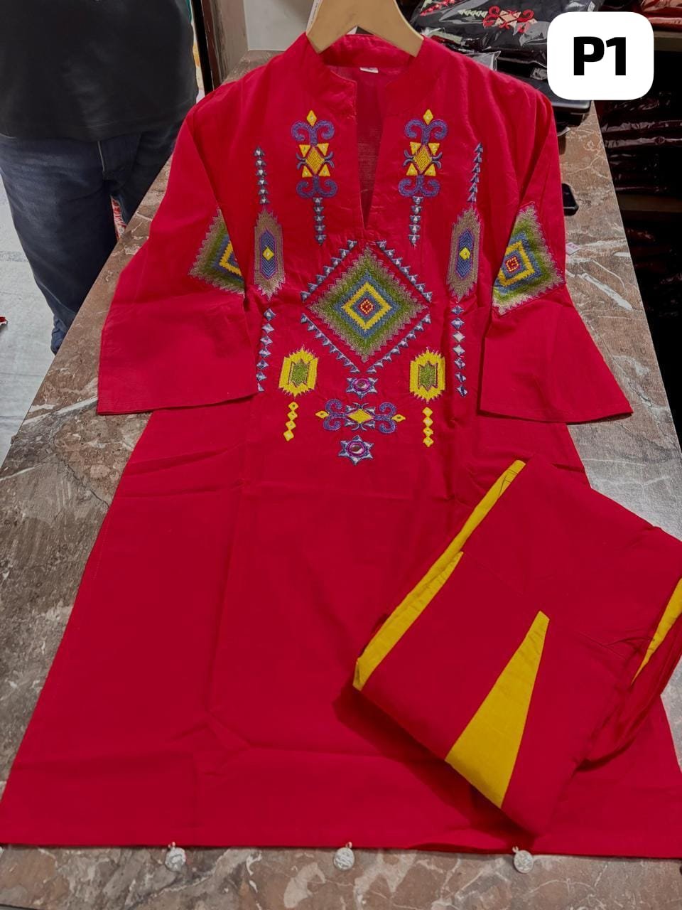 Red Cotton Embroidered Kurti Sharara Cord Set